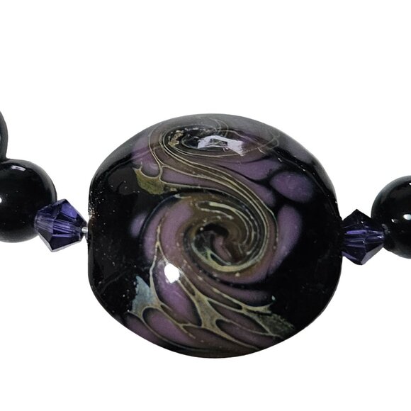 Elegant Boho Black Beaded Bracelet Swirled Purple Centerpiece Fashion Jewelry - Picture 2 of 4